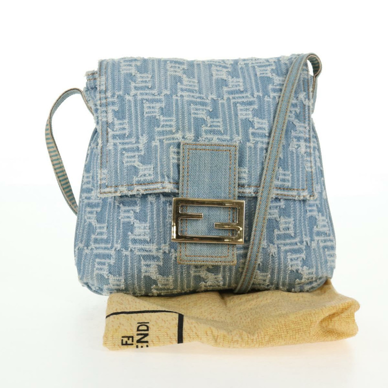 【日本直送】FENDI Zucca 帆布 Mamma Baguette 單肩包 牛仔藍金色 正品 hk2972V-11