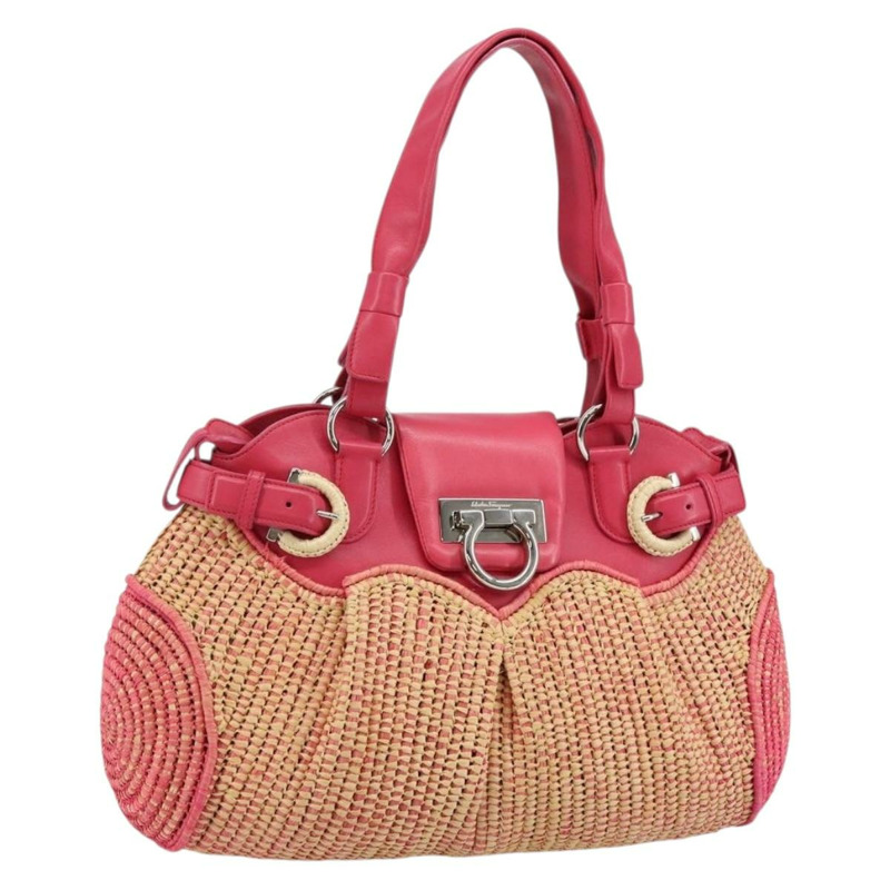 【日本直送】Salvatore Ferragamo Gancini 單肩包 拉菲草 粉紅色 銀色 正品 143084-0