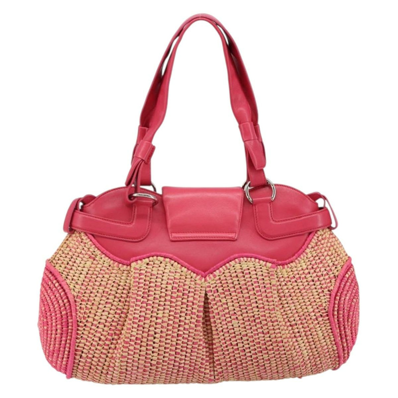 【日本直送】Salvatore Ferragamo Gancini 單肩包 拉菲草 粉紅色 銀色 正品 143084-1