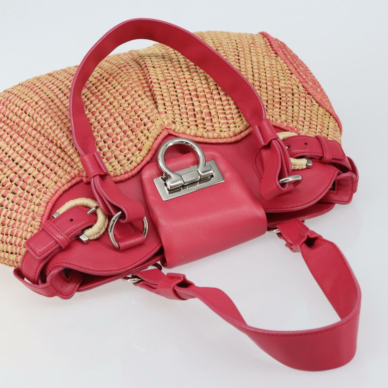 【日本直送】Salvatore Ferragamo Gancini 單肩包 拉菲草 粉紅色 銀色 正品 143084-5