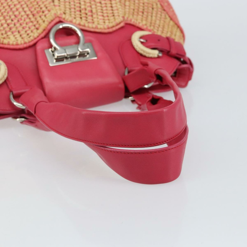 【日本直送】Salvatore Ferragamo Gancini 單肩包 拉菲草 粉紅色 銀色 正品 143084-6