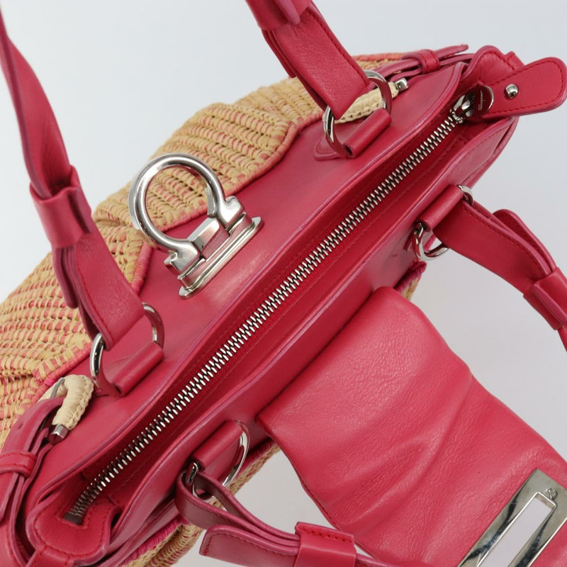 【日本直送】Salvatore Ferragamo Gancini 單肩包 拉菲草 粉紅色 銀色 正品 143084-8
