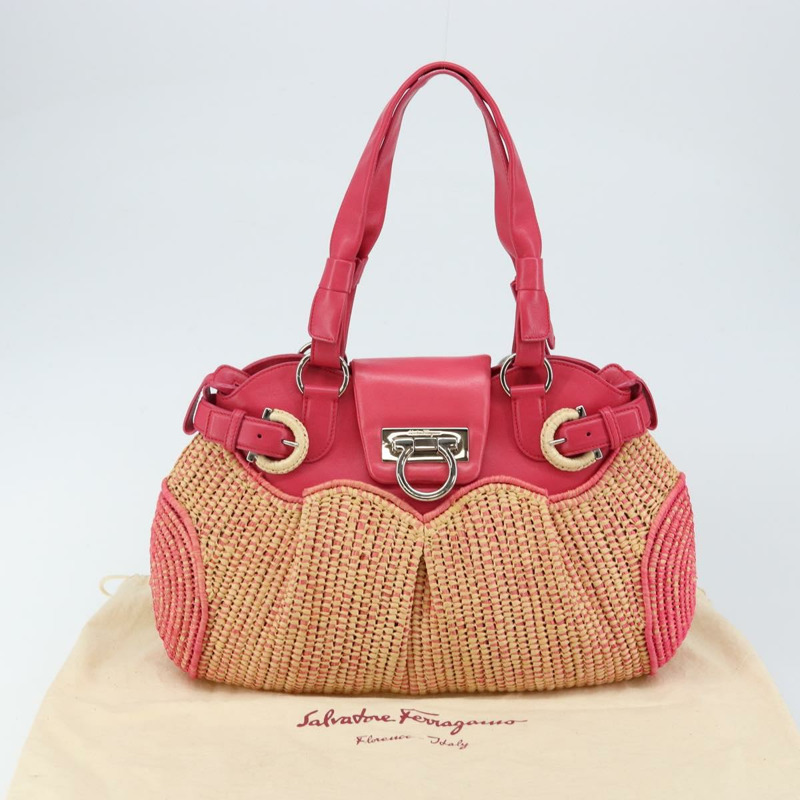 【日本直送】Salvatore Ferragamo Gancini 單肩包 拉菲草 粉紅色 銀色 正品 143084-11