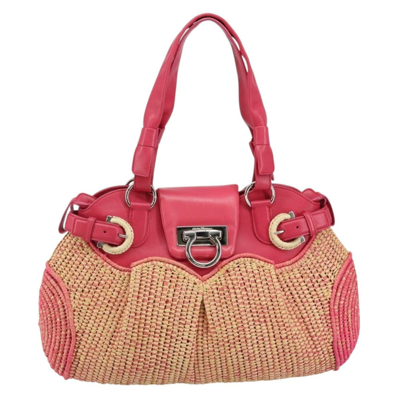 【日本直送】Salvatore Ferragamo Gancini 單肩包 拉菲草 粉紅色 銀色 正品 143084-12
