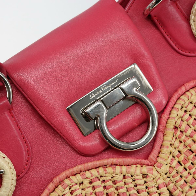 【日本直送】Salvatore Ferragamo Gancini 單肩包 拉菲草 粉紅色 銀色 正品 143084-17