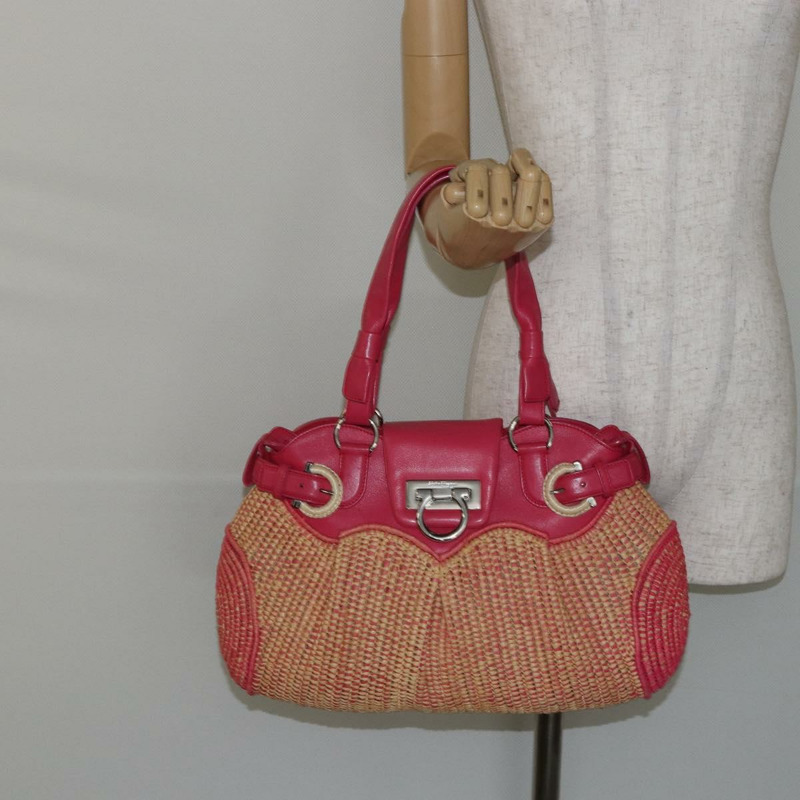 【日本直送】Salvatore Ferragamo Gancini 單肩包 拉菲草 粉紅色 銀色 正品 143084-23