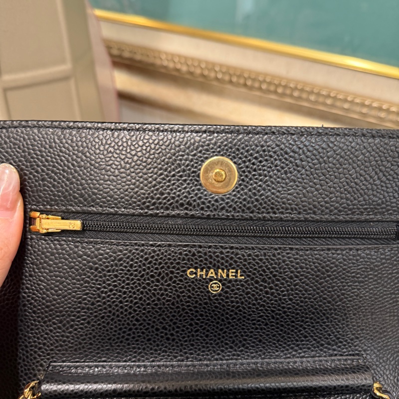 Chanel 黑荔枝牛皮菱格紋Woc金釦下蓋6卡斜背鏈包AP0250-9