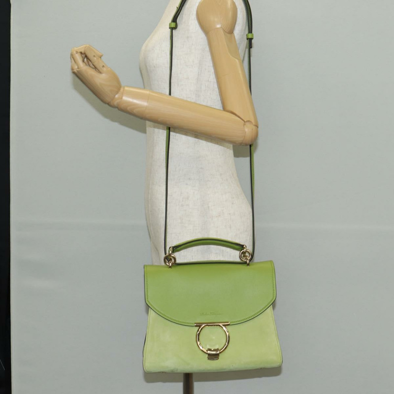 【日本直送】Salvatore Ferragamo 手提包 絨面革 皮革 2 款 綠金色 正品 128919V-24