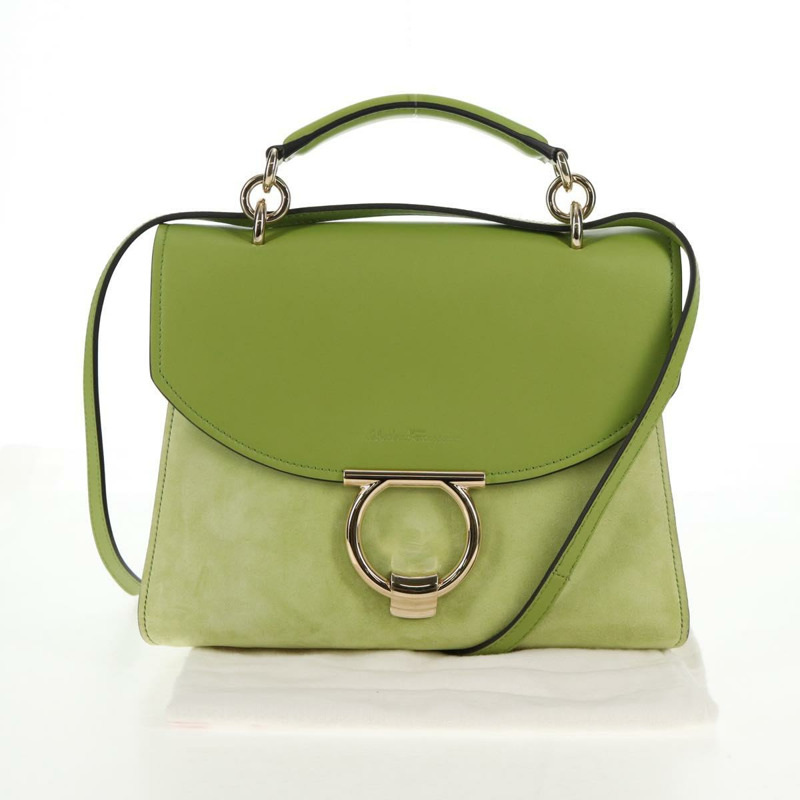 【日本直送】Salvatore Ferragamo 手提包 絨面革 皮革 2 款 綠金色 正品 128919V-25