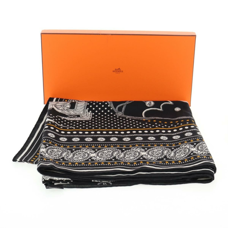 【日本直送】HERMES Carre Geant 140 圍巾「Zouaves et Dragons」羊絨黑色正品 139048M-11
