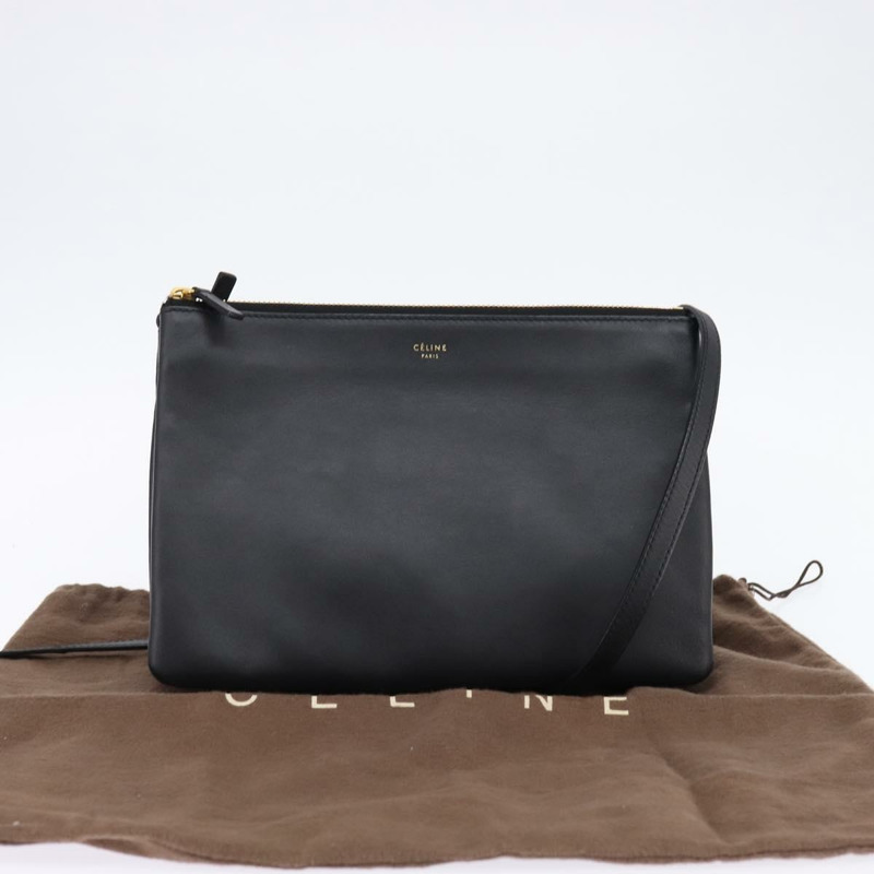【日本直送】CELINE Trio 肩背包 皮革 黑金 正品 141219V-11