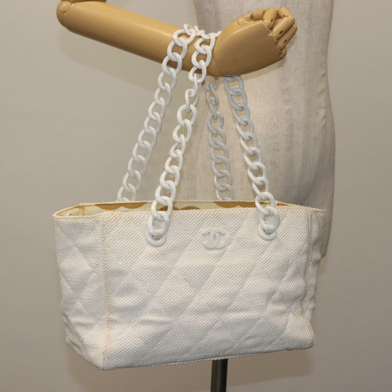 【日本直送】香奈兒塑膠鏈條托特包 草編金白 CC 正品 BA6435-24