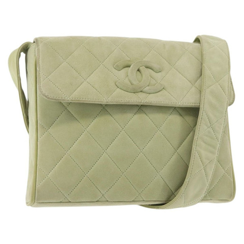 香奈兒 Matelasse 單肩包 絨面革 綠金 CC 正品 144342
