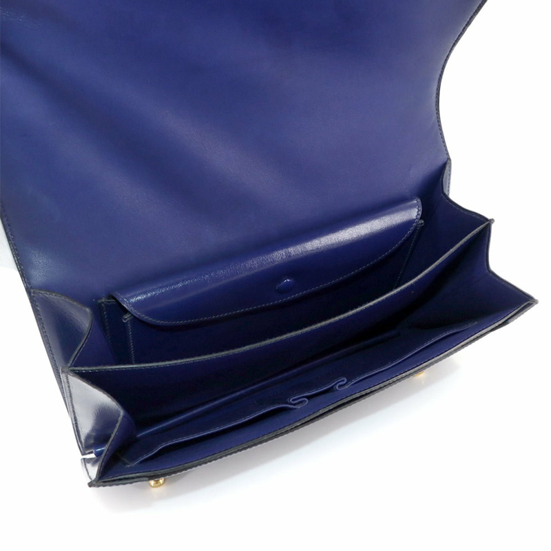 Hermes Hermès Piano 手提包,盒狀小牛皮,藍色,XXL 印章,金色五金配件,1982 年製造-6