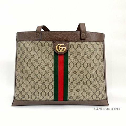 ❣Gucci PVC咖牛皮霧金釦綠紅綠織帶Ophidia肩背托特包
