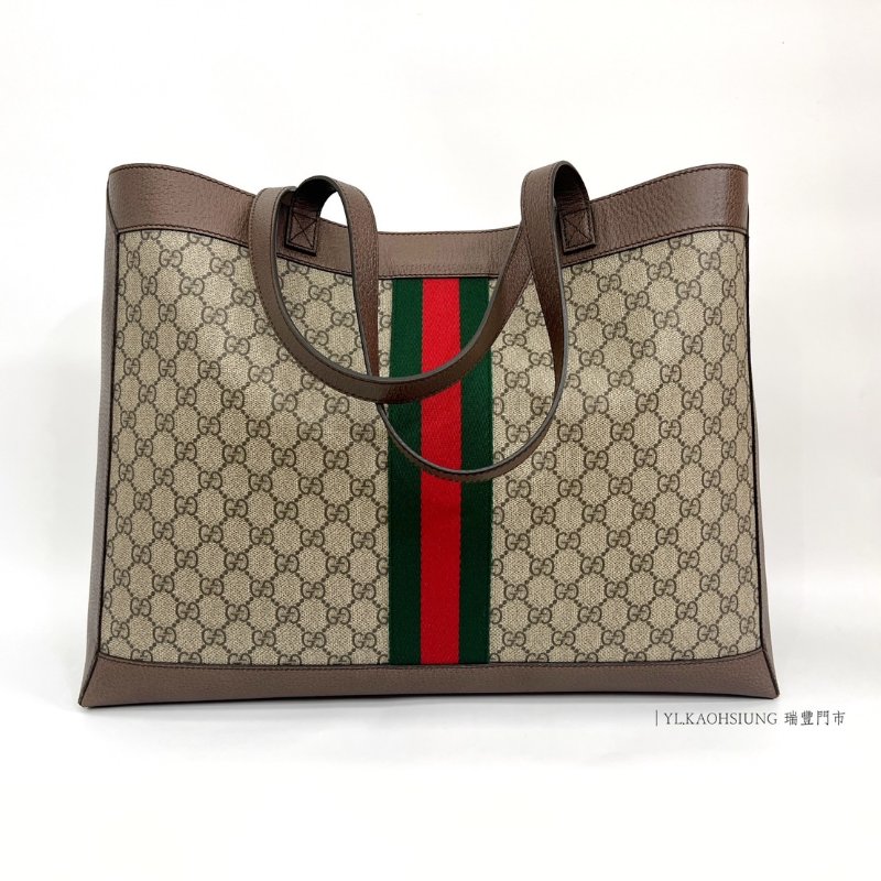 ❣Gucci PVC咖牛皮霧金釦綠紅綠織帶Ophidia肩背托特包-1
