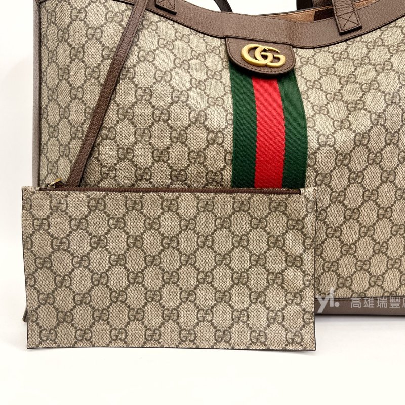 ❣Gucci PVC咖牛皮霧金釦綠紅綠織帶Ophidia肩背托特包-9