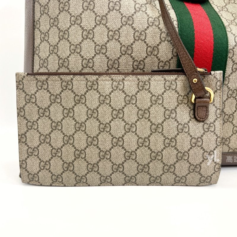 ❣Gucci PVC咖牛皮霧金釦綠紅綠織帶Ophidia肩背托特包-10