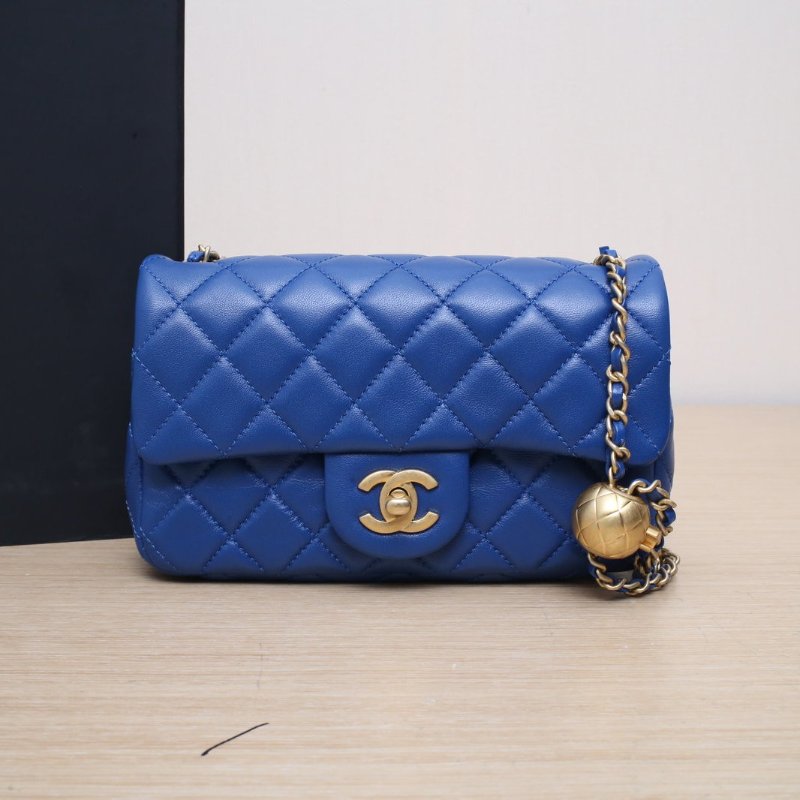 CHANEL CF口蓋包大Mini20藍色羊皮30開金扣金球調節扣肩帶肩背包-0