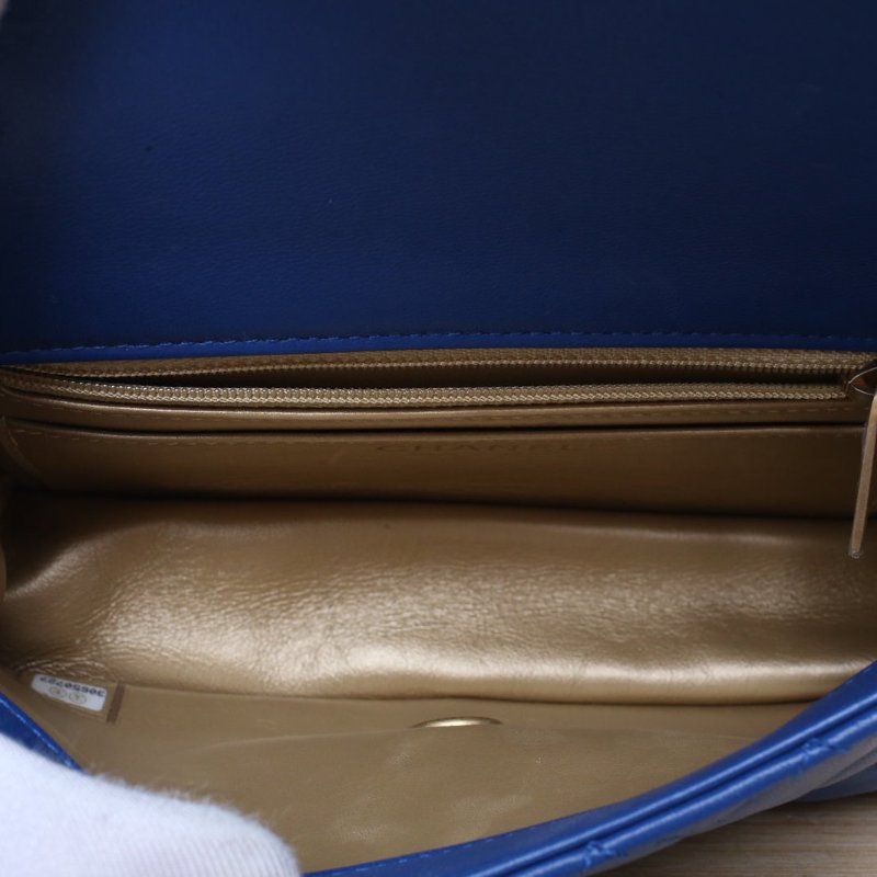 CHANEL CF口蓋包大Mini20藍色羊皮30開金扣金球調節扣肩帶肩背包-5