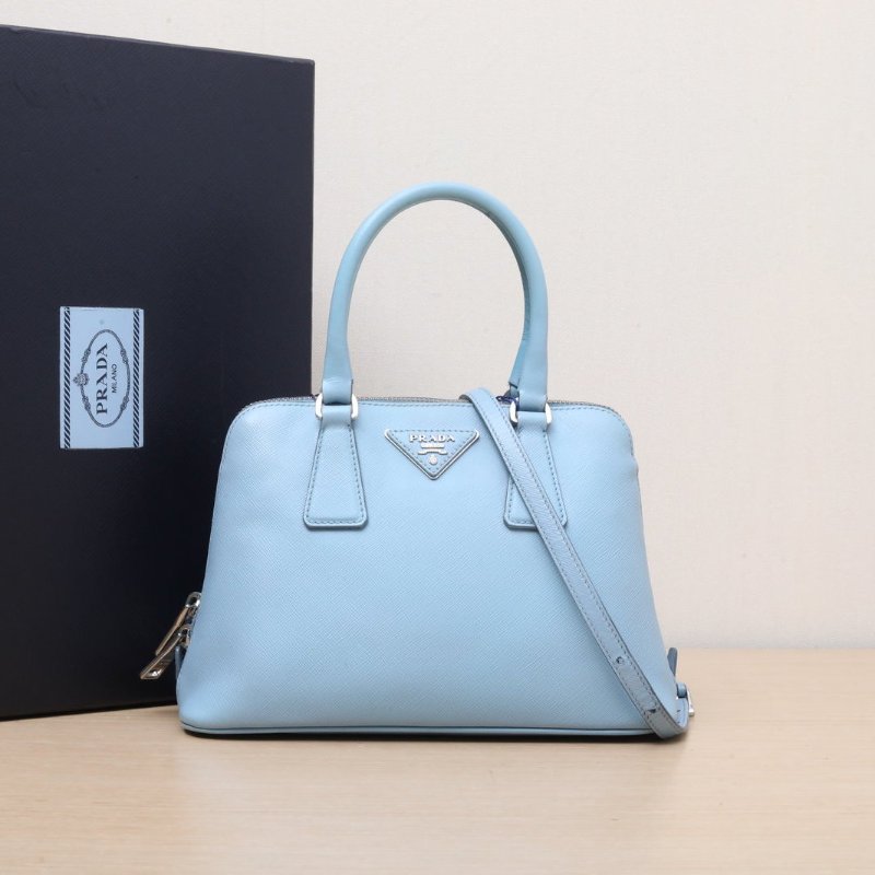 PRADA tophandle貝殼包小號藍色牛皮肩背包-0