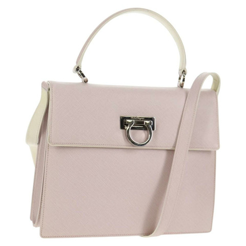 Salvatore Ferragamo Gancini 手提包 皮革 2 向 粉紅色 銀色 正品 128169V