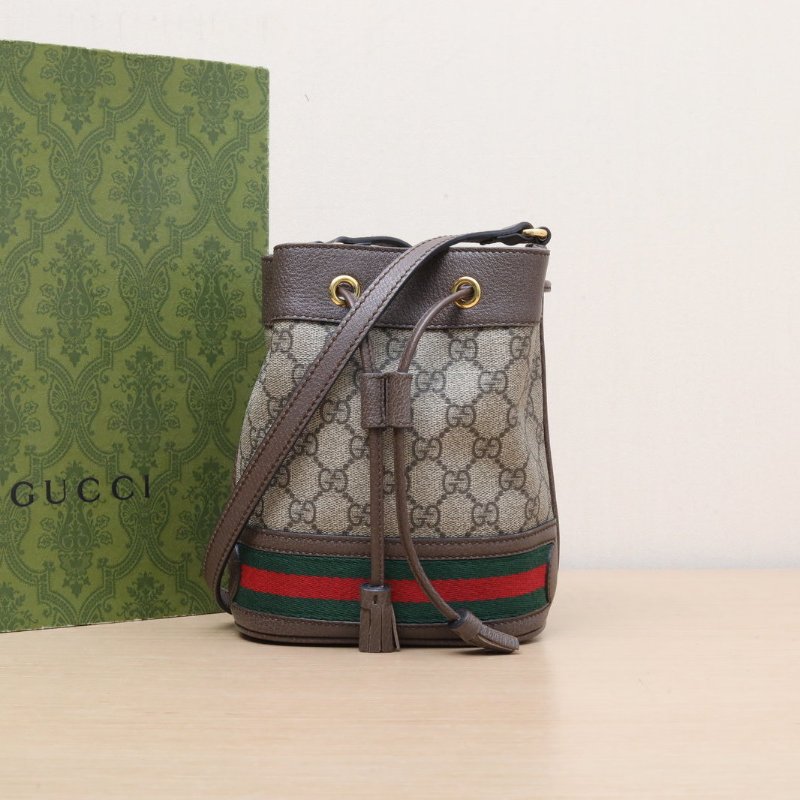 GUCCI Ophidia抽繩水桶包Mini15.5烏木色PVC金扣肩背包-0