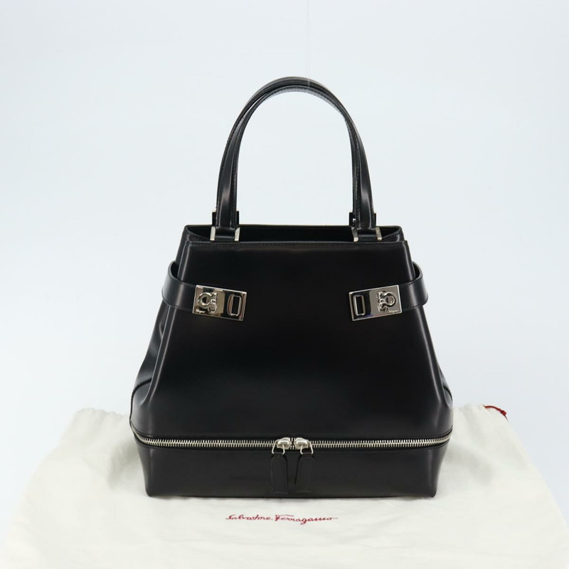【日本直送】Salvatore Ferragamo Gancini 手提包 皮革 黑色 銀色 正品 143654V-11