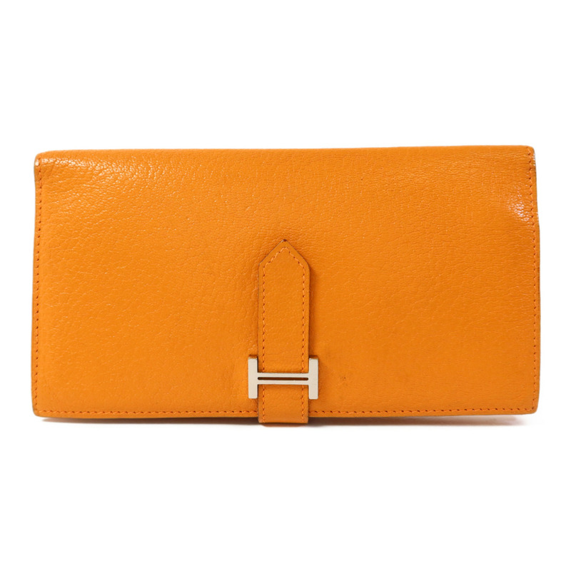 HERMES Chevre皮革Bearn Wallet銀扣長錢包Apricot-0