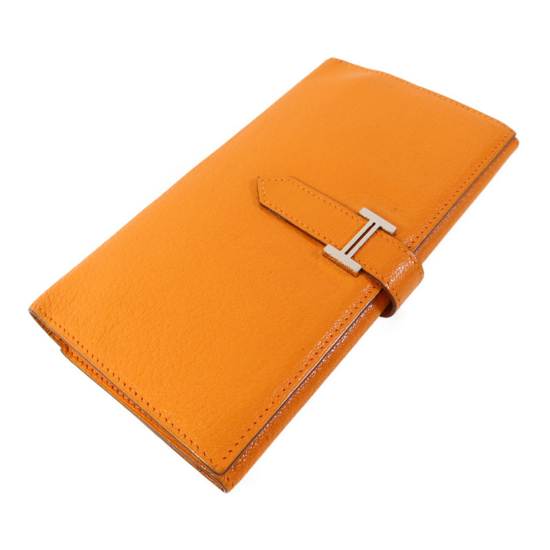 HERMES Chevre皮革Bearn Wallet銀扣長錢包Apricot-2