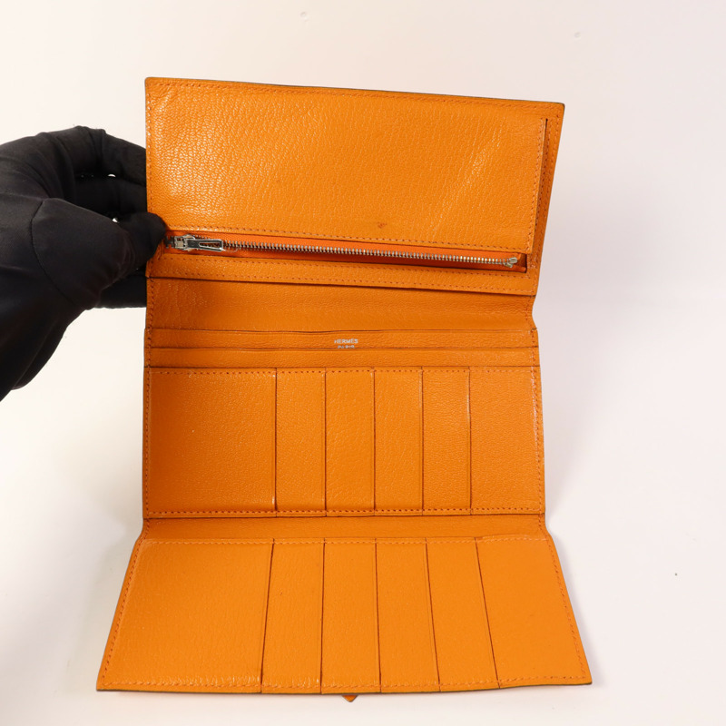 HERMES Chevre皮革Bearn Wallet銀扣長錢包Apricot-4