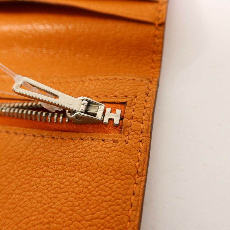 HERMES Chevre皮革Bearn Wallet銀扣長錢包Apricot-7