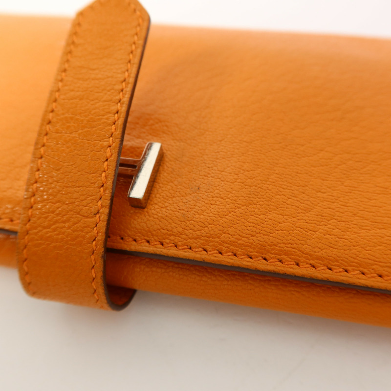 HERMES Chevre皮革Bearn Wallet銀扣長錢包Apricot-14