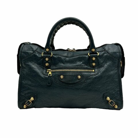 Balenciaga墨綠色金扣提背二用機車包