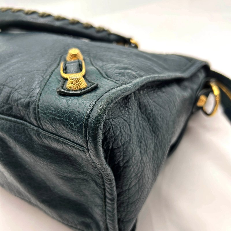 Balenciaga墨綠色金扣提背二用機車包-5