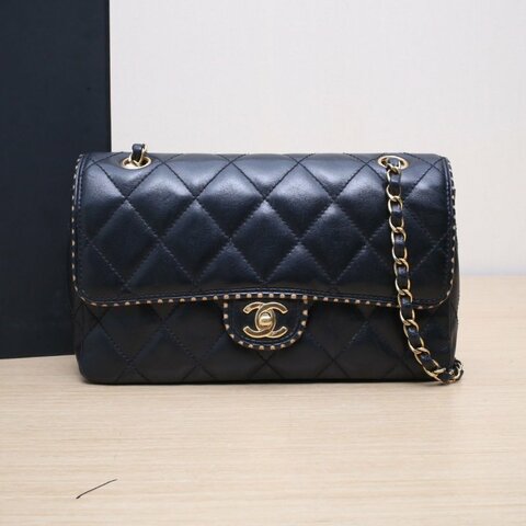 CHANEL 黑色牛皮8開金扣中古CF經典口蓋包蕾絲滾邊鏈條肩背包
