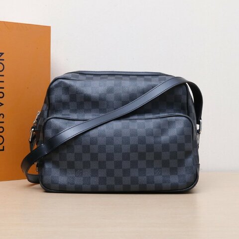 LOUIS VUITTON 黑棋格PVC2008中古雙層橫版相機包棋盤格肩背包