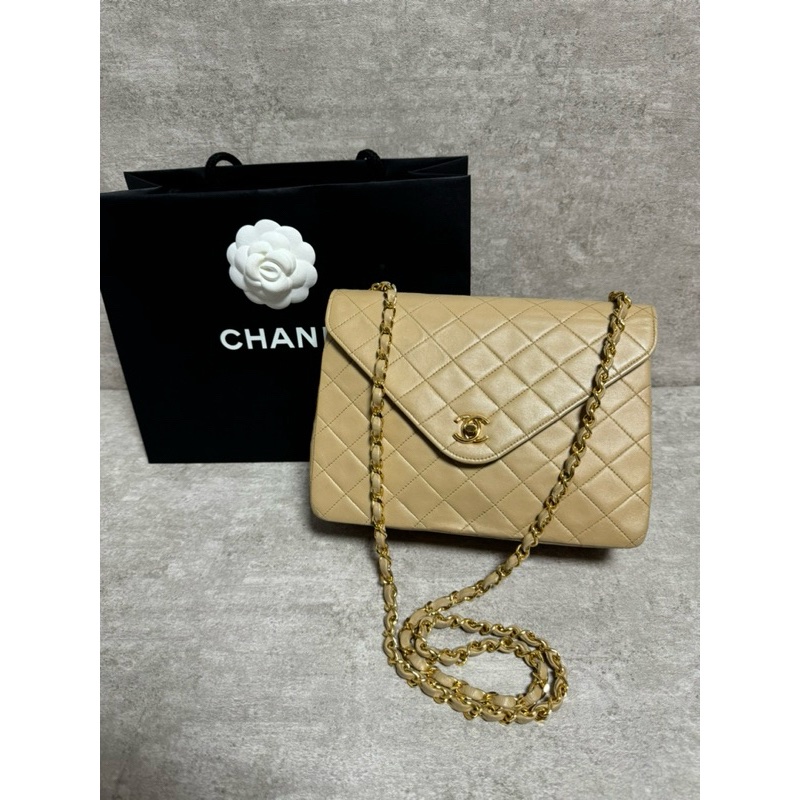 正品Chanel vintage奶茶色金釦口蓋包-5
