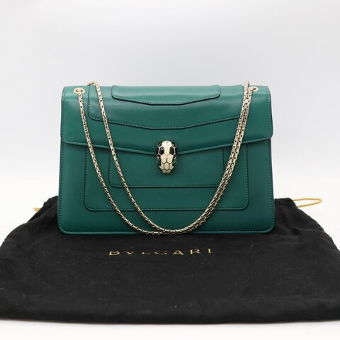 Bvlgari 寶格麗 祖母綠 牛皮 琺瑯蛇頭 Serpenti Forever 淡金色 鏈條包 信封包