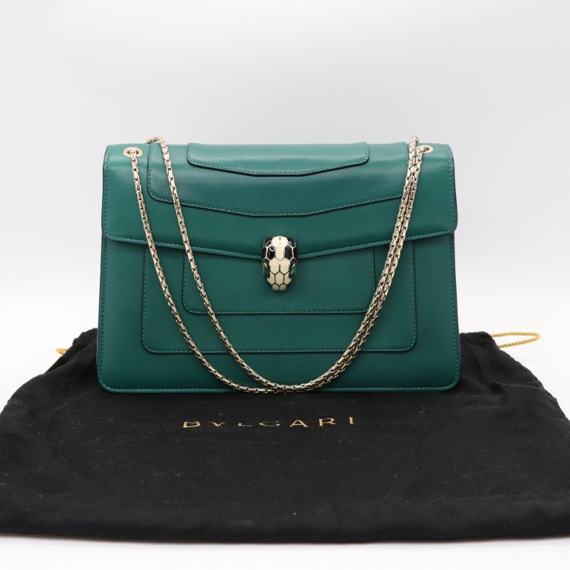 Bvlgari 寶格麗 祖母綠 牛皮 琺瑯蛇頭 Serpenti Forever 淡金色 鏈條包 信封包-0