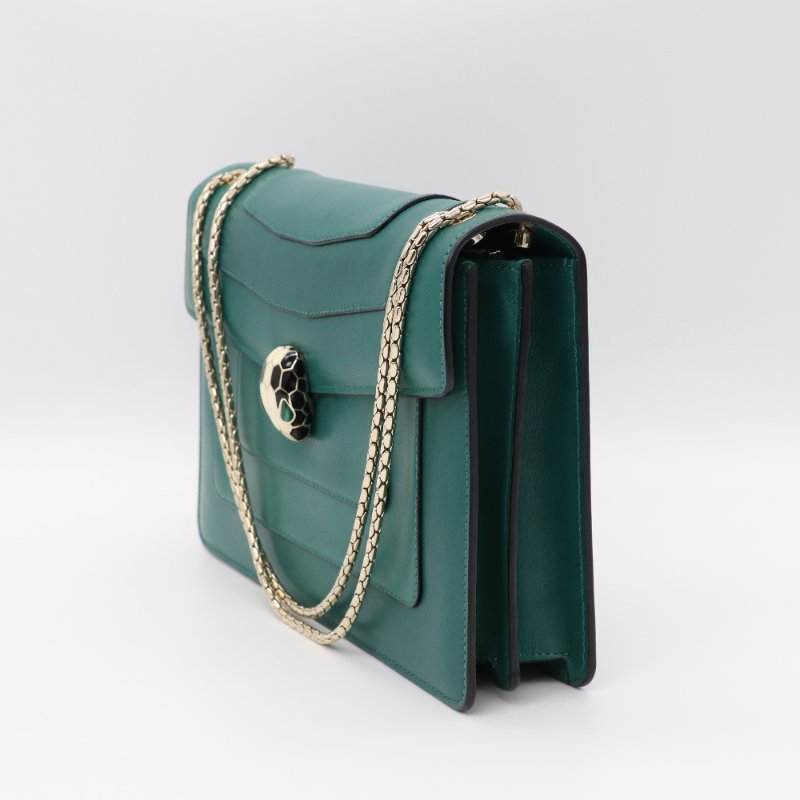 Bvlgari 寶格麗 祖母綠 牛皮 琺瑯蛇頭 Serpenti Forever 淡金色 鏈條包 信封包-2