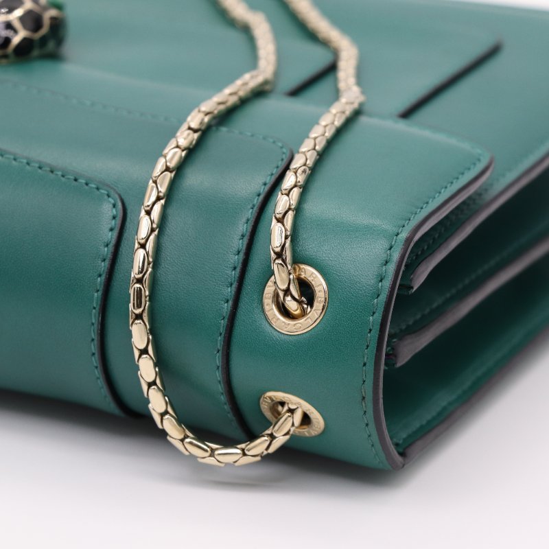 Bvlgari 寶格麗 祖母綠 牛皮 琺瑯蛇頭 Serpenti Forever 淡金色 鏈條包 信封包-6