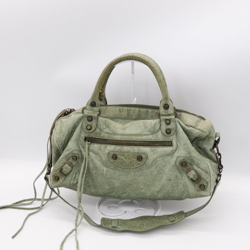 Balenciaga 巴黎世家 草綠色 牛皮 手提包 機車包 單肩包-0