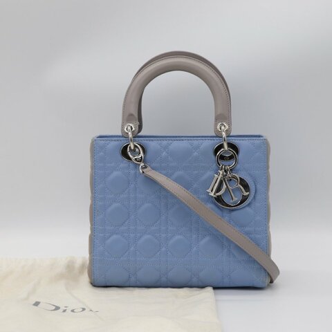 Dior 迪奧 天藍色拼灰 羊皮 LadyDior 手提包 單肩包