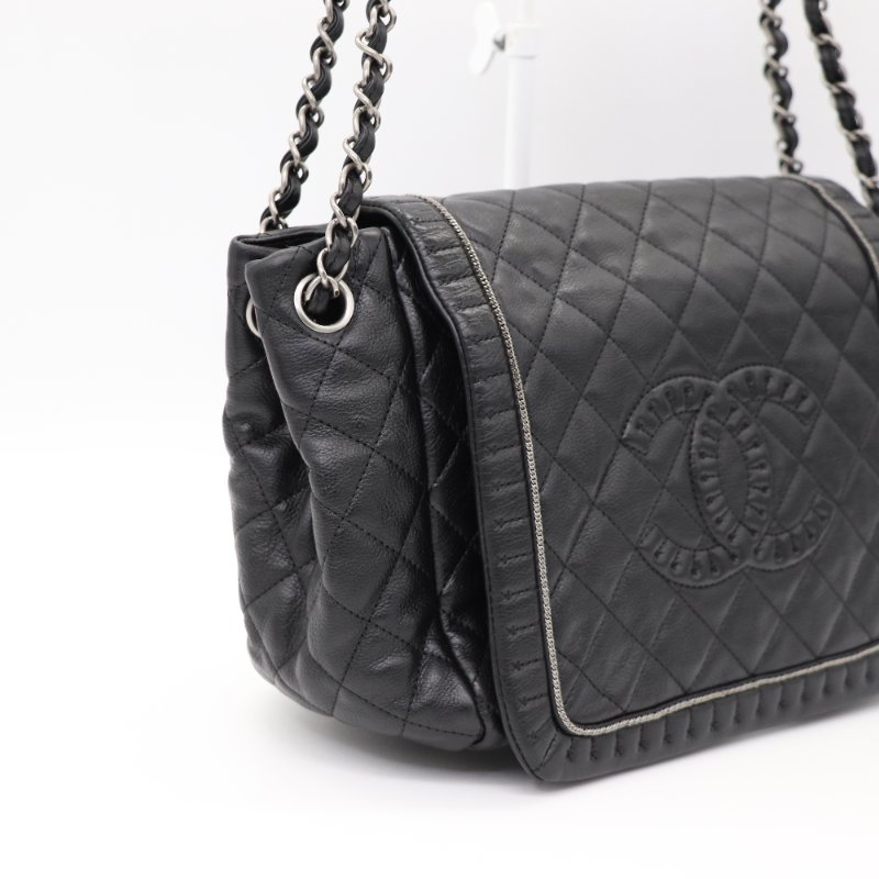 Chanel 香奈兒 黑色 牛皮 拉鍊邊飾 皺摺花邊 鏈條皮穿練 單肩包-4