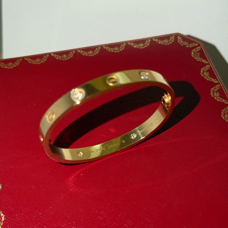 (台灣購證全配)Cartier 750黃K金6點鑽寬版love手環-5