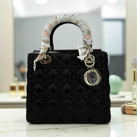 Dior-5X5格洋皮黛妃包 黑色+單條TWILLY