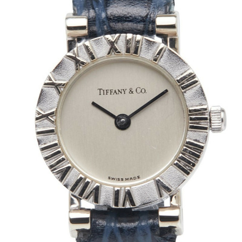 Tiffany & Co. Atlas 手錶 D286753，女士石英錶，銀色錶盤，皮革錶帶，不鏽鋼。