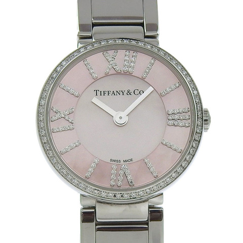 像新的一樣 Tiffany & Co. Atlas 6929161，粉紅色貝殼錶盤，鑽石錶圈，刻度，不鏽鋼
