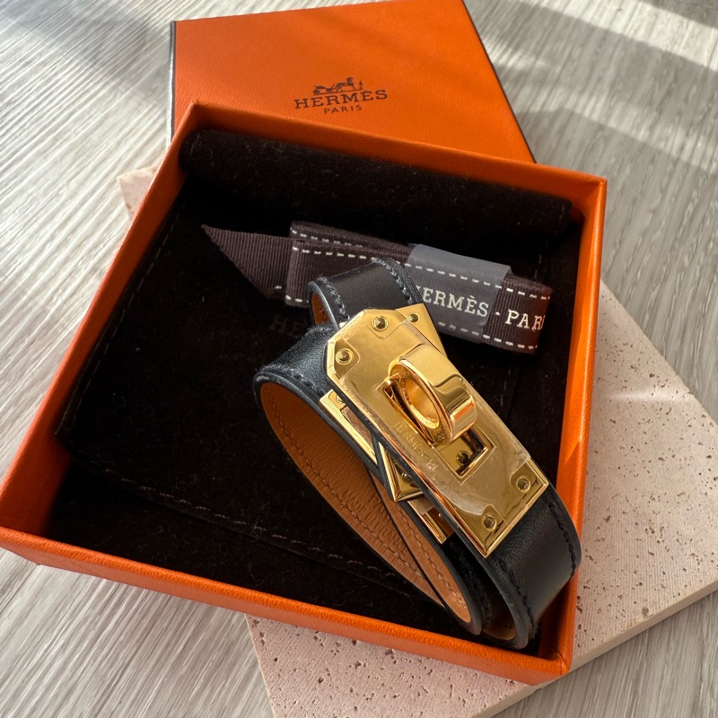 HERMES Kelly金釦 黑色雙環皮手環 T刻-0